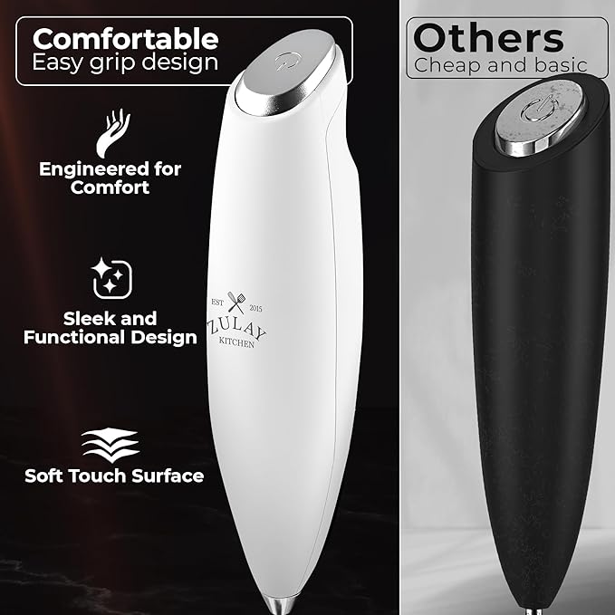 Zulay Kitchen Patented Tornado Triple Whisk Milk Frother with 4 Duracell Batteries – Handheld Foam Maker for Coffee, Lattes, Matcha & Hot Chocolate – Rich, Creamy Froth in Seconds - Blizzard White