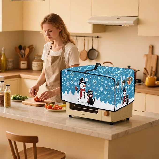 Microwave Oven Cover Air Fryer Toaster Oven Dust Cover, Stain-resistant Small Electric Appliance Protector, M, Snowman Black Cat Snowflake Blue Christmas Decorations