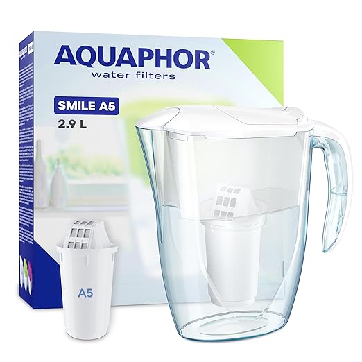 AQUAPHOR Water Filter Jug Smile, Space-Saving, Lightweight Fridge Door fit 2.9L Capacity 1 X A5 350L Filter Included Reduces Limescale Chlorine & Microplastics, White.