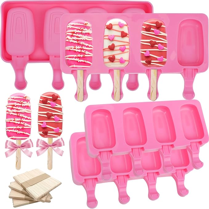 SAYAYA 4 Set Silicone Popsicle Molds with 200 Sticks, Reusable 4 Cavities Homemade Cake Pop & Cakesicle Mold for DIY Ice Cream, Ice Pop, Easy Release & Dishwasher Safe for Kids Family (Pink)