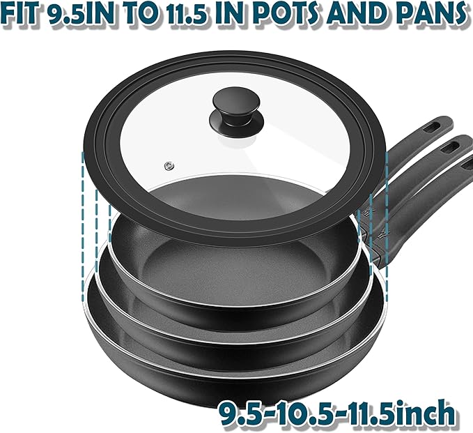 Universal Lid for Pots Pans and Skillets, 9.5&10.5&11.5 inch, Diameter Cookware, Silicone Replacement Pan Lid Pot Lids for Frying Pans, Cast Iron,Tempered Glass Lid
