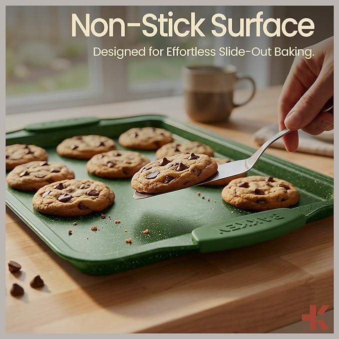 BAKKEN Kitchen Baking Pan Set - Nonstick Green Marble Coating, Carbon Steel Bakeware Sets with Green Silicone Handles, Kitchen Essentials, PFOA, PFOS, PTFE Free, Oven Safe (Up To 450° F), Set of 10
