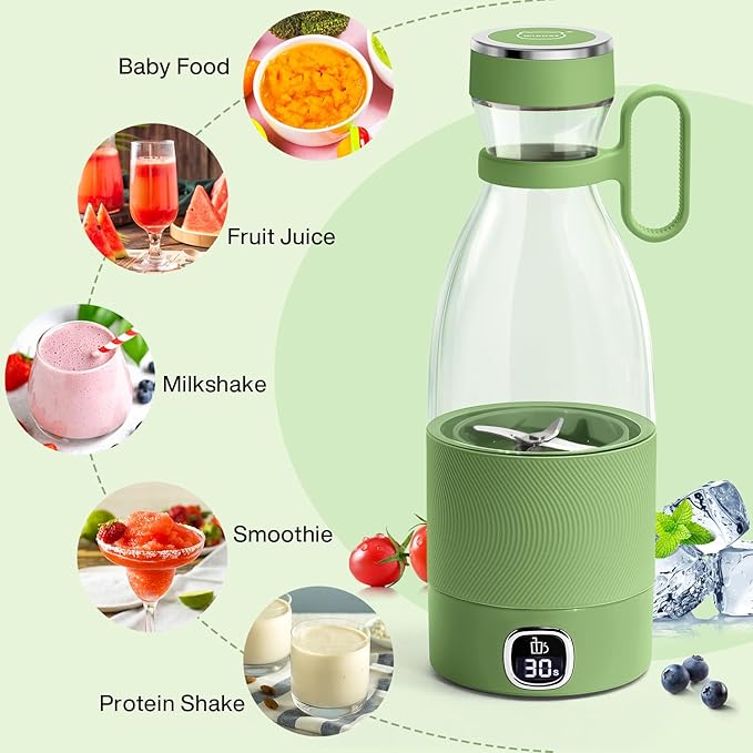 MIAOKE Portable Blender, 6 Blades Juicer Cup for Juice Shakes and Smoothies 350ml Mini Blender with Led Display Usb Rechargeable,3000Mah Rechargeable Battery, for Home Outdoors Travel-Avocado Green