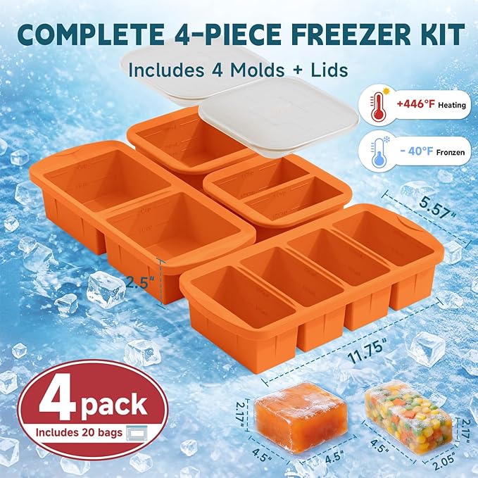 4 Pack Silicone Freezer Trays with Lid - Multi-Size 1-Cup & 2-Cup Portions, Food-Grade Silicone Freezer Molds for Soup & Meal Prep - Large Freezer Storage Containers, Oven & Dishwasher Safe - Orange