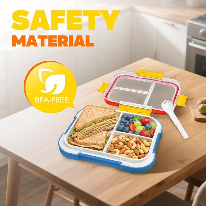 EASYFUN Bento Box Adult, Lunch Box, 3-Compartment Lunch Containers, Drop-Proof, Dishwasher Safe & Made with BPA-Free Materials (Red blue)