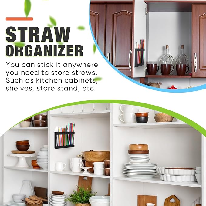 Qinyoung Acrylic Straw Holder for Cabinet Door with Double Sided Adhesive Tape Reusable Straw Organizer Tumbler Storage Kitchen Accessories Container for Counter Cupboard(Classic,Large,Black)