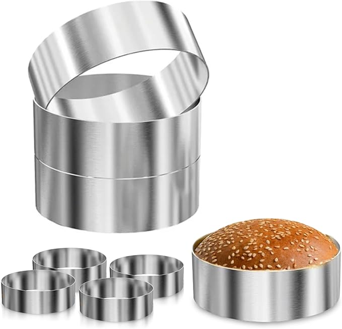 NOSSIDO 8-Piece 304 Stainless Steel Burger Bun Ring Mold Set - 4.5" & 4.4" Diameter - Perfect for Buns, Eggs, Pancakes, Mini Quiches, Desserts, and More | Durable, Versatile, and Ideal for Professional & Home Kitchens