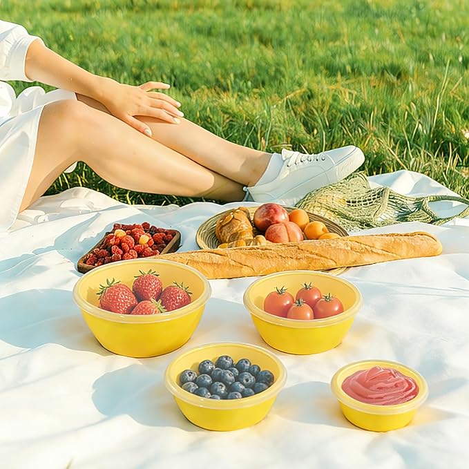 4-Piece Classic Plastic Prep Bowls with Lids, Nesting Plastic Small Mixing Bowl Set for Mixing, Baking, Prepping, Cooking and Serving Food, Microwave and Dishwasher Safe (Yellow)