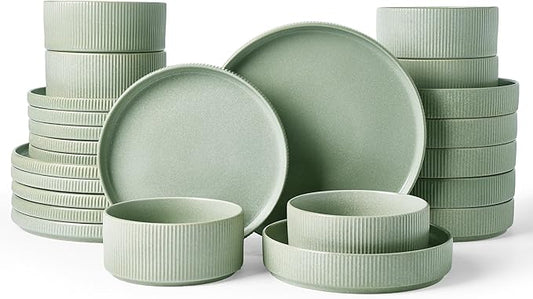 Famiware Star 24-Piece Stoneware Dinnerware Sets for 6 - Shallow Pasta Bowls & Flat Plates, Modern Rustic Reactive Glaze Dishes, Chip & Scratch Resistant, Microwave & Dishwasher Safe, Matte Sage Green