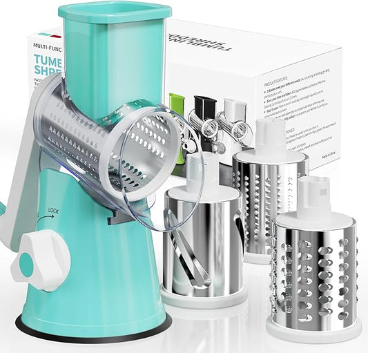 Rotary Cheese Grater Hand Crank, 3 Blades Slicer Shredder, Cheese Grater for Kitchen, Multi-Functional Kitchen Tool for Vegetables, Nuts, Chocolate, with Strong Suction Base, Blue