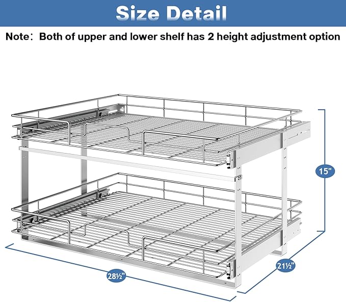 LOVMOR 2 Tier 28½"W x 21½"D, Individual Pull Organizer Kitchen Cabinet Storage Sliding Shelves