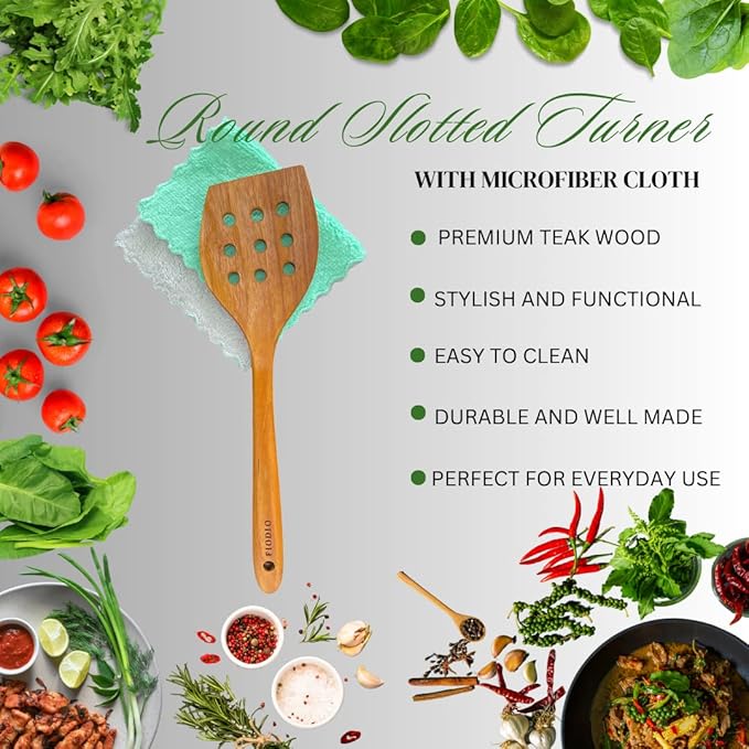 Teak Wooden Spatula for Cooking – Natural Non-Stick, Handcrafted Kitchen Utensils with Round Slotted Turner, Comfort Grip & Microfiber Cloth