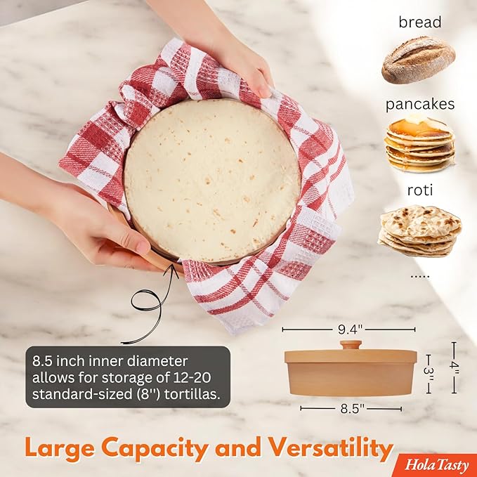Authentic Terracotta Tortilla Warmer w Decorative Lid, Mexican Terra Cotta Tortillas Holder w Warmer Cloth, Traditional Clay Tortilla Container Heater & Tortillero - Mediterranean Talavera