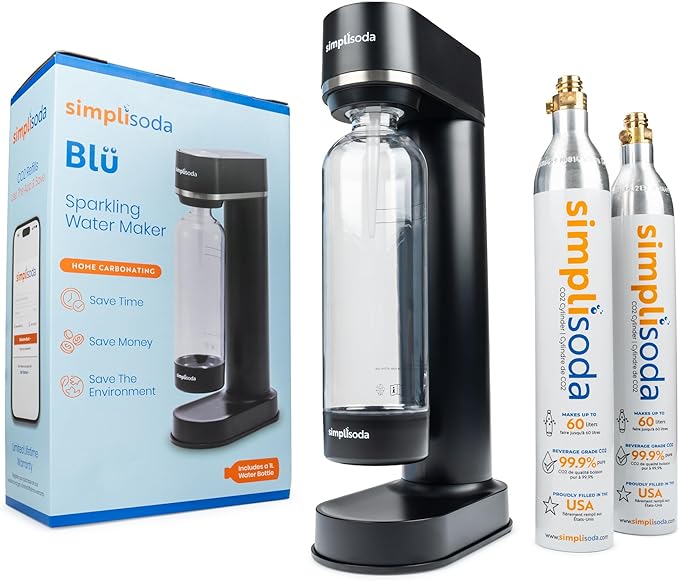 Simpli Soda BLÜ Sparkling Water Maker, Premium Soda Streaming Machine, Carbonated Water Machine and Soda Maker - Black (Machine + 2 CO2 Cylinders)