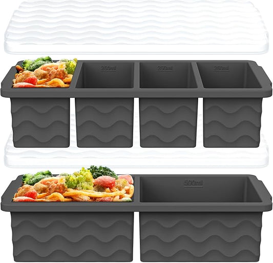 Silicone Freezer Molds for Soup with Lid, 1-Cup & 2-Cup Large Ice Cube Trays Food Storage Containers for Meal Prep, Freeze 500mL/250mL/125mL Portions – 2 Pack
