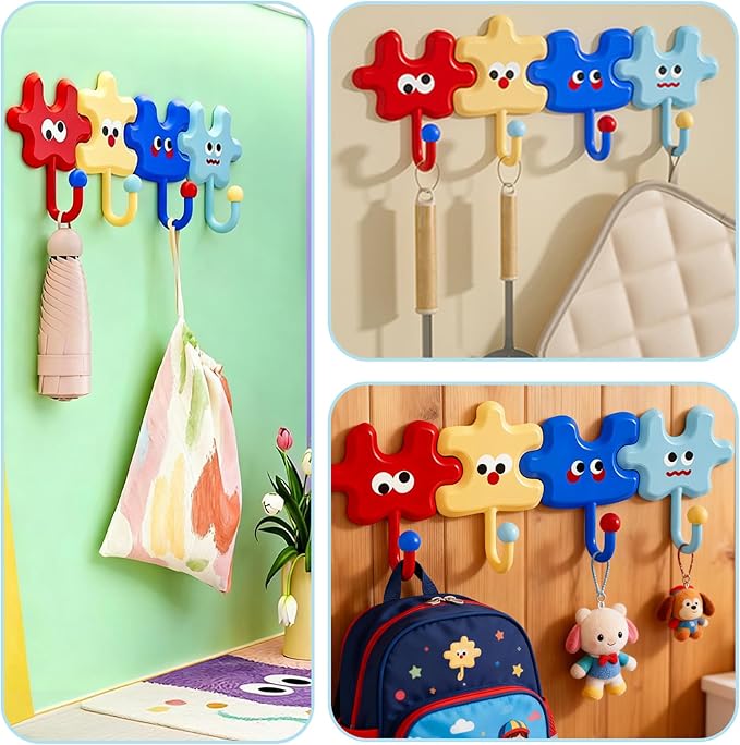 Dopamine Cartoon Puzzle Adhesive Wall Hooks, Cute Strong Hold Hooks for Bathroom Kitchen Entryway