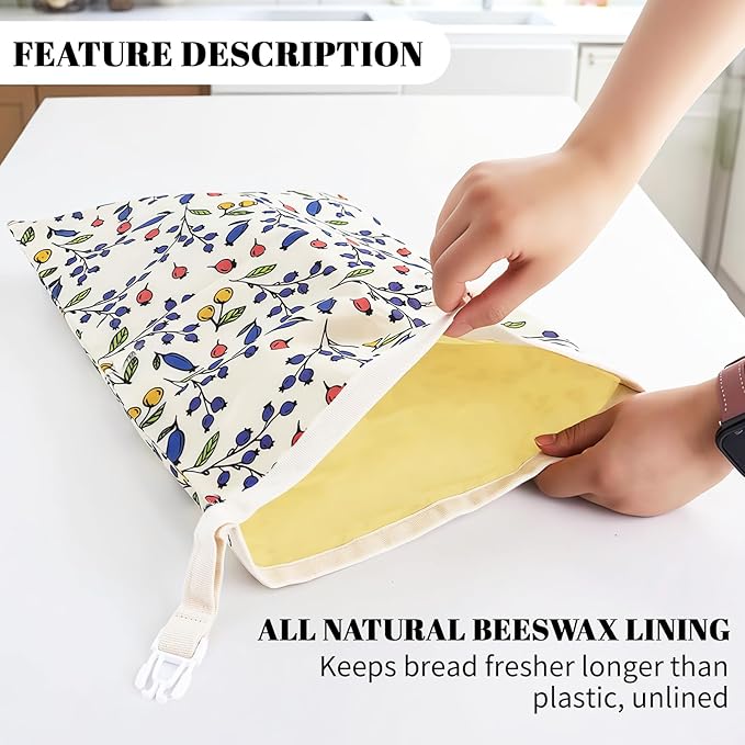 2 Pack Beeswax Bread Bags - 17x13 Inch Reusable Bread Storage Bags,Bees Wax Lined Bread Bags for Home Cooks fresh bread storage Easy Clean (Berry)