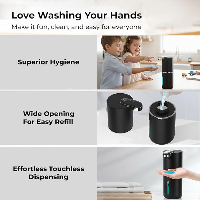 Automatic Touchless Liquid Soap Dispenser (Black, 12.8oz) | USB-C Rechargeable, IPX5 Waterproof | Ideal for Bathroom & Kitchen Sink | Wall Mount or Countertop for Hand & Dish Soap