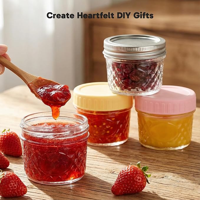 CycleMore 4oz Mason Jars, 40 Pack Small Glass Jar With Silver Separable Lids & Colorful Plastic Lids, Mini Canning Jars for Honey, Jam, Jelly, Wedding Favors, Kitchen Food Storage