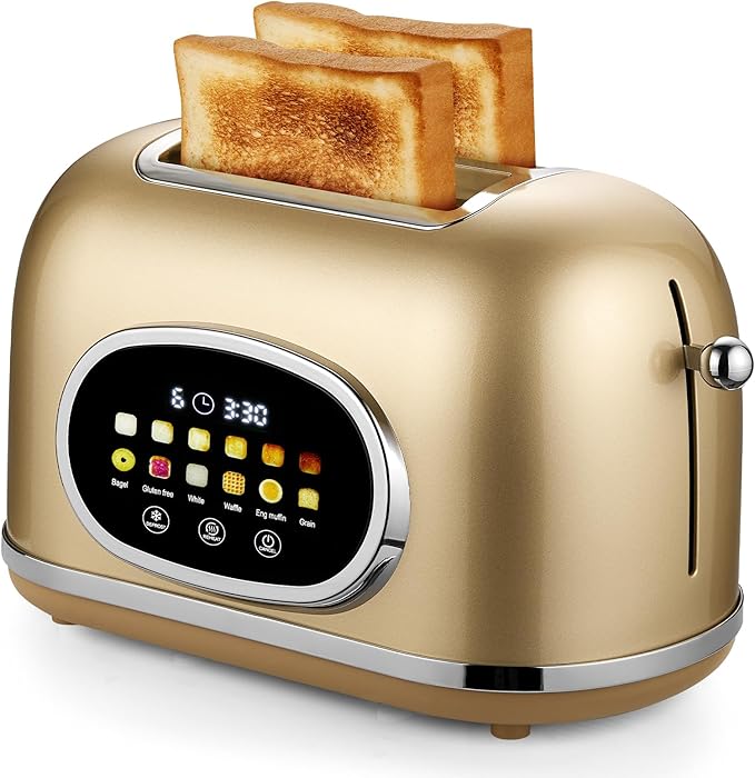 Roter Mond 2 Slice Toaster Smart Touch Screen, Retro Stainless Steel Bread Toaster with Digital Timer, Sleep Mode, Bagel, Cancel, and Defrost Functions, 6 Bread Types and Shade Settings, Gold