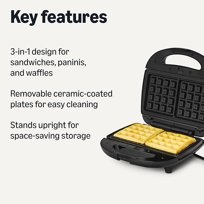 Amazon Basics 3-in-1 Sandwich Maker, Panini Press and Waffle Maker with Removable Ceramic-Coated Plates, 760W, Space-Saving Storage