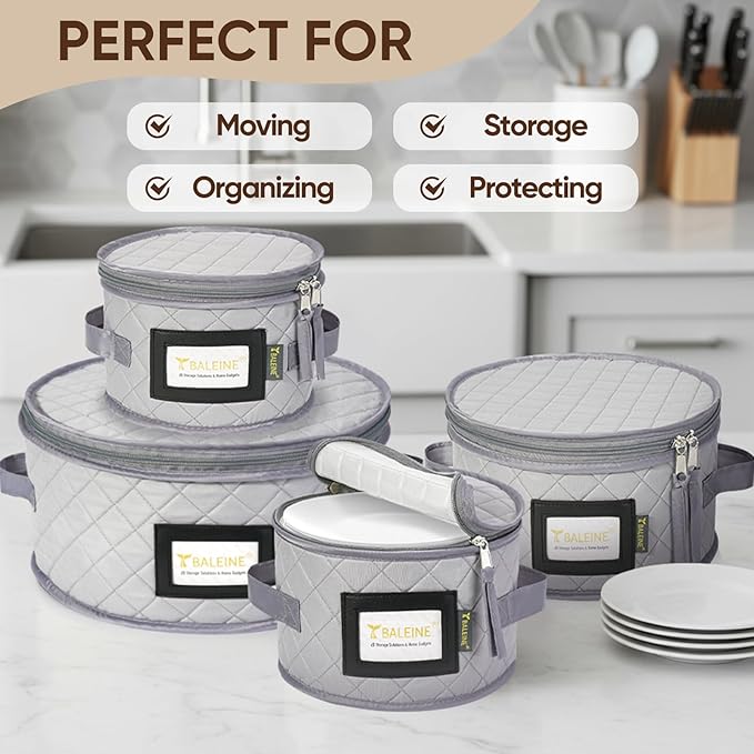 BALEINE China Storage Containers, Sturdy Quilted Wine Glass Storage, Plate Organizer with Carry Handles, Moving Boxes for Dishes, Cups, Mugs and Stemware (Plate Set, Soft Shell Grey)