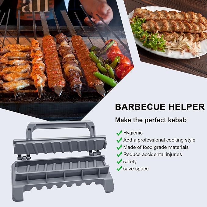 Large Kebab Maker Plastic Press with 6 Stainless Steel Skewers and 1 Peeler, Kabob Skewers Barbecue Machine Maker Mold, Portable Easy to Use Kebabs Essential Grilling Tool (Grey)