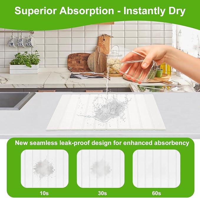 Stone Dish Drying Mat for Kitchen Counter, Diatomaceous Earth Water Absorbing Mat, Foldable and Super Absorbent Dish Drying Stone Mat for Dishes Bottles Cups, Match Any Countertop -White