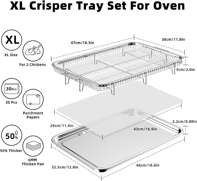 Air Fryer Basket for Oven, Extra Large 18.8" x 12.8" Oven Air Fryer Basket and Tray Set with 30 PCS Parchment Papers, Stainless Steel Air Fryer Pan and Crisper Tray (Silver)