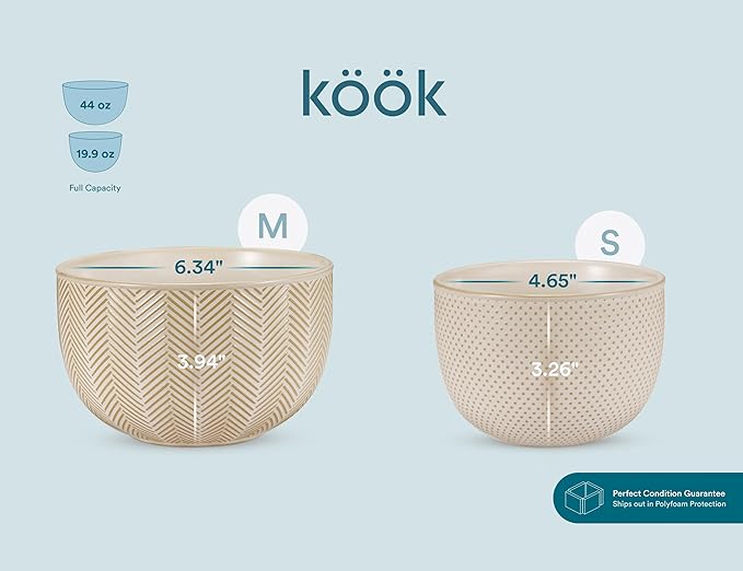 KooK Ceramic Mixing Bowls, Nesting Set of 4, Embossed Kitchen Dishware, Prep, Serving, Gift, Microwave and Dishwasher Safe, 20/44/98/145 oz, Narbonne Collection (Almond)