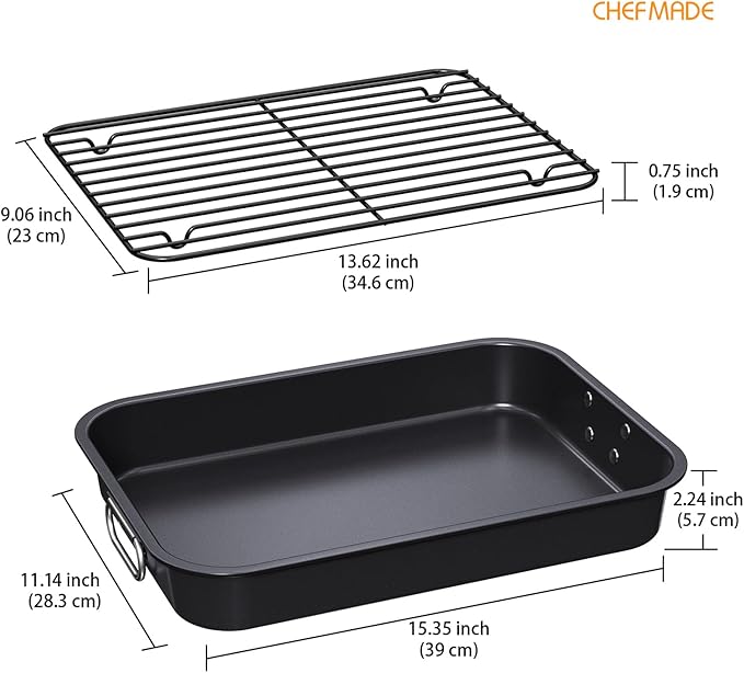 CHEFMADE Roasting Pan with Rack, 15 Inch Deep Roasting Pan, Deep Lasagna Pan for BBQ Vegetbale and Meat 15.4" x 11.2" x 2.3" (Black)