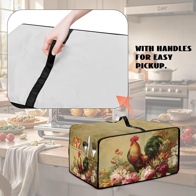 Air Fryer Toaster Oven Dust Cover Dust Protection Countertop Convection Oven Cover Stain-resistant Kitchen Appliance Protector, L, Chicken Rooster Vintage Floral