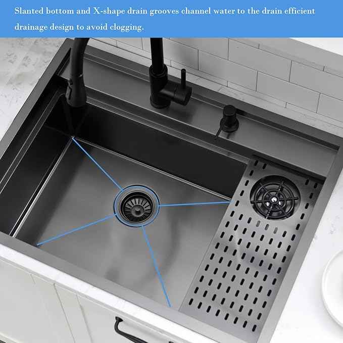 33 Inch Black Drop In Kitchen Sink Workstation with Glass Rinser -VOKIM 33x22 Drop In sink Workstation Stainless Steel 16 Gauge Deep Single Bowl Kitchen Sink with Cup Washer