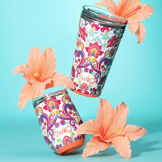 Swig Life 24oz Party Cup, Stackable Insulated Travel Coffee Tumbler with EZ Slider Lid, Cup Holder Friendly, Stainless Steel 24 oz Tumbler, Reusable Coffee Mug (Flourish)