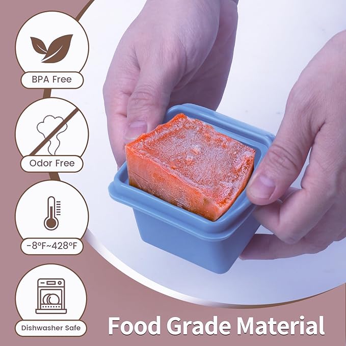 1/2 Cup Silicone Freezer Tray With Lid - Silicone Freezer Molds 4-Pack For meal prep & freezing of various sauces and other dishes, makes 4 perfect 1/2 cup portions cubes (Blue 4 Pack)