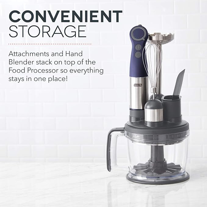 Dash Chef Series Deluxe Immersion Hand Blender, 5 Speed Stick Blender with Stainless Steel Blades, Dough Hooks, Food Processor, Grate, Mash, Slice, Whisk Attachments and Recipe Guide – Midnight