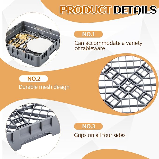 1 Pack Commercial Dishwasher Tray Rack Polypropylene Full Size Flatware Rack for Bowls Plates Knives Forks Cups (Basic,Gray)