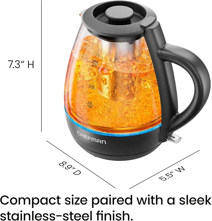 Chefman Electric Kettle with Tea Infuser, Compact 1L (4 Cups), 1500W, Removable Lid for Easy Cleaning, Boil-Dry Protection, Stainless Steel Filter, BPA Free, Auto Shut Off, Small Electric Tea Kettle