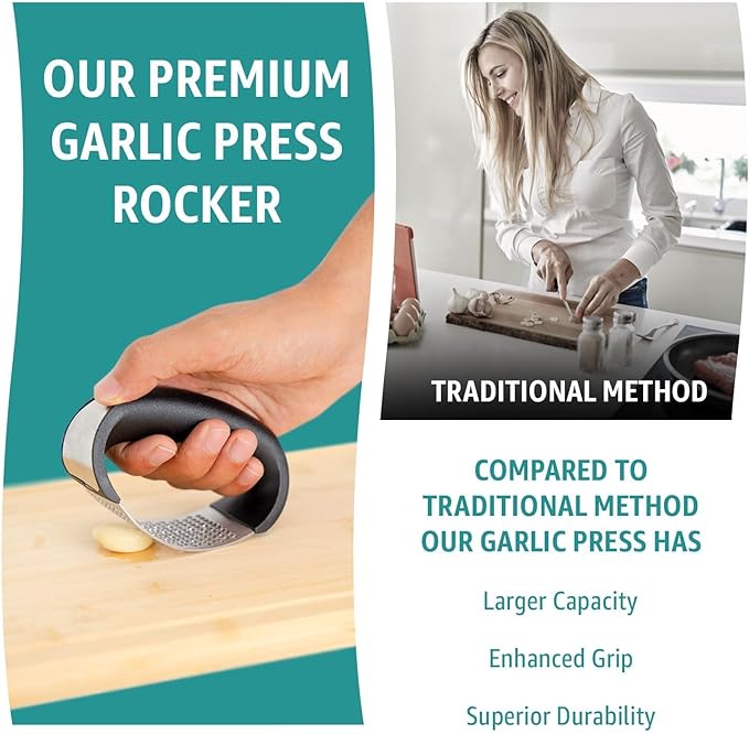 GD Garlic press rocker, crusher, mincer tool stainless steel with a Garlic Peeler, spatula, and Brush extract more Garlic Paste. The Garlic Mincer Tool Squeezes, Extracts, Crushes
