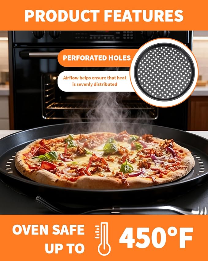 12-Inch Nonstick Pizza Pan with Holes, Perforated Carbon Steel Pizza Tray for Oven, Round Bakeware Pizza Tray for Home Restaurant Kitchen