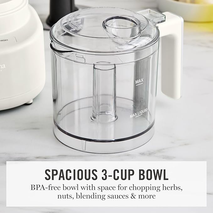 Martha Stewart 3 Cup Electric Food Chopper, Vegetable & Herb Mini Food Processor, 24oz BPA-Free Bowl, Stainless Steel Blades, Pour Spout, Dicing, Mincing, Chop & Puree, Dishwasher Safe, Linen