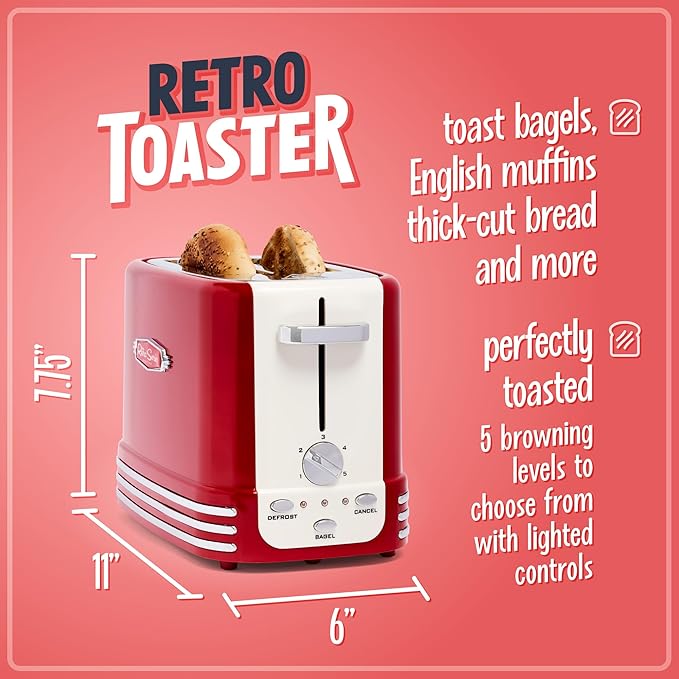 Nostalgia Retro Wide 2-Slice Toaster, Vintage Design With Crumb Tray, Cord Storage & 5 Toasting Levels, Red