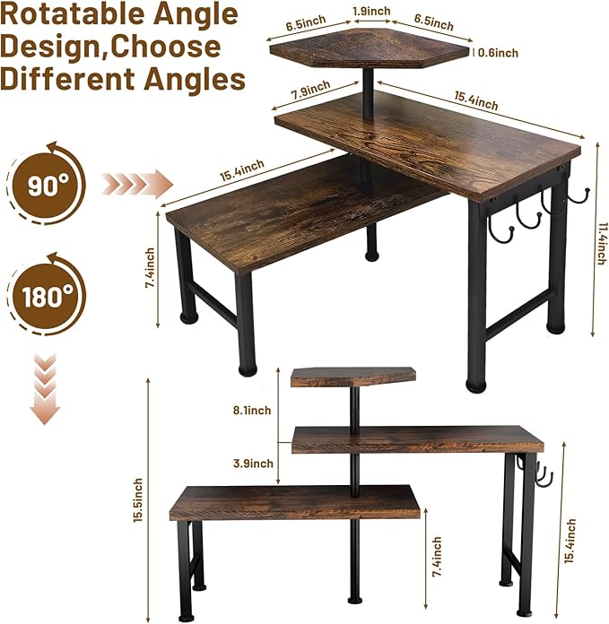 Kitchen Countertop Organizer, 3 Tier Moveable Corner Shelf Kitchen Shelf with Hook, Countertop Organizer for Bathroom, Spice Rack, Bookshelf, Coffee Area, Dresser Table (Brown)