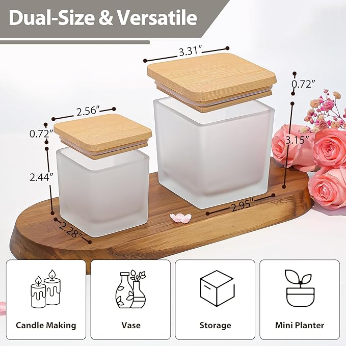 CONNOO 12 Pack 9oz, 3oz Frosted Square Candle Jars for Making Candles, Thick Glass Bulk Empty Candle Containers with Airtight Bamboo Lids for Candle Making, Sticky Warning Labels - Dishwasher Safe