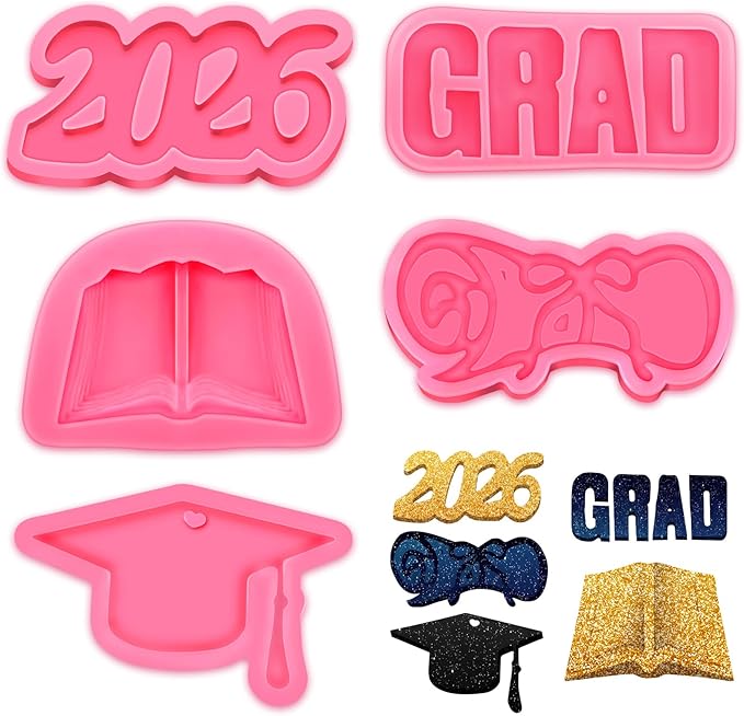 5 Pieces Silicone Graduation Mold Decorations 2026 Graduation Grad Cap Diploma Book Congrats Cupcake Toppers Silicone Baking Mold for Party Supplies