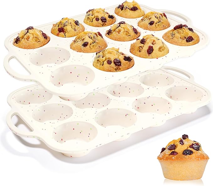 Silicone Muffin Pans for Baking, with Metal Reinforced Frame 2.8 Inch Regular Size Silicone Molds Nonstick 12 Cups for Baking Homemade Muffins, Cupcakes, Egg Bites 2 Pack Dishwasher Safe BPA Free