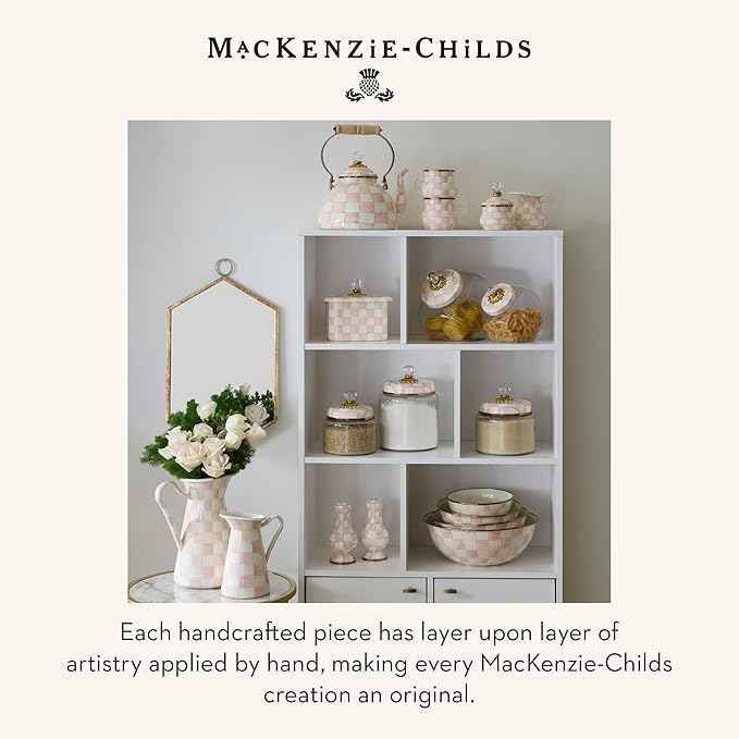 MACKENZIE-CHILDS Enamel Recipe Box, Index Card Box with Lid, Includes 40 Recipe Cards, Pink-and-White Rosy Check