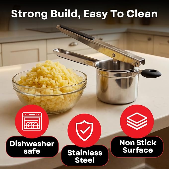 Large 15oz Potato Ricer - Professional 430 Stainless Steel Masher for Fluffy Mashed Potatoes, Gnocchi, Guacamole & Baby Food - Ergonomic Non-Slip Handles, Heavy Duty & Dishwasher Safe Kitchen Press