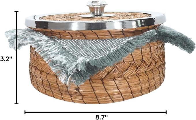 Authentic Mexican Tortilla Warmer Basket - Pine Needle Handwoven with Handloomed Cloth (8" metal Rim w cloth)