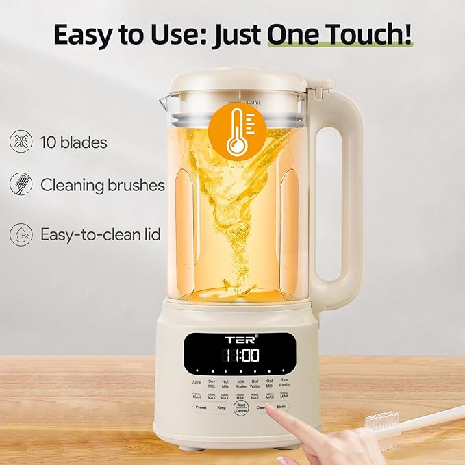 TER Nut Milk Maker Machine, 10-in-1 Soy Milk Maker for Almond/Oat/Soy Milk, Juice, Milkshake, Rice Paste, Auto Clean/24H Preset Time/12H Keep Warm, with 7 Accessories, Beige